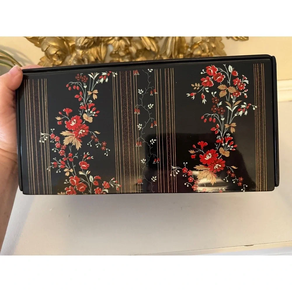 Vintage Japanese Floral Black Lacquer Style Tissue Box Cover with Int. Mirror